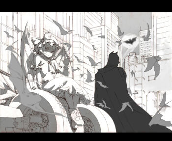 1boy 1girl bat_(animal) bat_signal bat_wings batman batman_(series) batmobile bruce_wayne crossover dc_comics hat hat_ribbon highres letterboxed monochrome mtmy remilia_scarlet ribbon short_hair sitting smile touhou wings wrist_cuffs