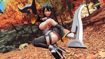 1girl 3d ass black_hair black_leotard blue_sky breasts butterfly_swords curvy fighting_stance forest highleg highleg_leotard highres holding holding_weapon iroha_(samurai_spirits) large_breasts leg_lift leotard lips looking_to_the_side maid maid_headdress nature revealing_clothes ryona samurai_spirits screencap shiny_skin short_hair sky smile snk solo standing standing_on_one_leg third-party_edit thong_leotard tree weapon wide_hips