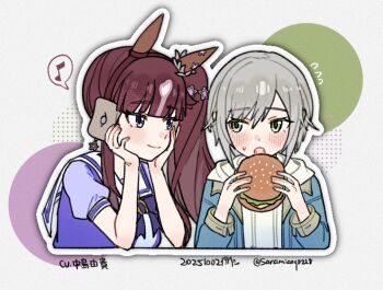 2girls animal_ears blue_jacket burger food green_eyes grey_hair hair_between_eyes hair_ornament hands_on_own_cheeks hands_on_own_face hinomori_shiho holding holding_food hood hoodie horse_ears horse_girl jacket long_hair looking_at_another lucky_lilac_(umamusume) multiple_girls nakashima_yuki open_clothes open_jacket open_mouth project_sekai saramiao-chan school_uniform side_ponytail smile sweat tracen_school_uniform twitter_username umamusume upper_body voice_actor_connection white_hoodie