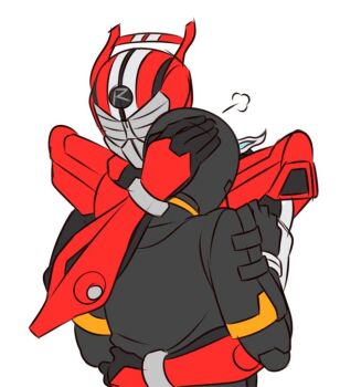 Rule 34 | 2boys, armor, black armor, car, comforting, ghost, headlights, helmet, hug, jacket, kamen rider, kamen rider drive (series), kamen rider ghost, kamen rider ghost (series), male focus, mask, masked, masked male, motor vehicle, multiple boys, orange armor, red armor, spoiler (automobile)