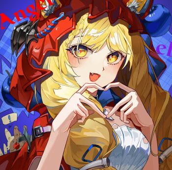 Rule 34 | !, 1girl, animal ears, apple, arknights, arknights: endfield, blonde hair, chinese commentary, commentary request, ears through headwear, fang, food, fruit, haorenai, heart, heart hands, highres, hood, hood up, long hair, looking at viewer, open mouth, portrait, rossi (arknights), smile, solo, upper body, yellow eyes
