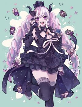 1girl :d black_boots black_dress black_flower black_gloves black_horns black_nails black_sleeves black_thighhighs blonde_hair blue_background blue_hair boots braid breasts character_doll cleavage commentary_request criss-cross_halter crown desuhiko_thunderbolt detached_sleeves doll dress fingerless_gloves floral_print flower frilled_dress frills fubuki_clockford gloves green_hair hair_flower hair_ornament hair_ribbon halara_nightmare halterneck hands_up heart highres holding holding_doll horns large_breasts long_hair looking_at_viewer master_detective_archives:_rain_code melami_goldmine multicolored_hair nail_polish open_mouth pink_eyes pink_hair pucci_lavmin ribbon shiina_kimagure shinigami_(rain_code) smile solo sparkle standing standing_on_one_leg teeth thighhighs twin_braids two-tone_hair upper_teeth_only very_long_hair vivia_twilight water_drop white_hair white_ribbon yakou_furio yuma_kokohead zange_eraser zilch_alexander