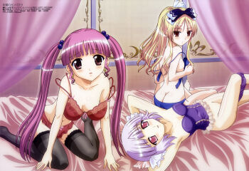 3girls absurdres ass avril_(shukufuku_no_campanella) barefoot bed bed_sheet blonde_hair blue_bra blue_panties bow bra breasts bustier butt_crack cleavage double_strap_slip earrings frilled_bustier frills groin hair_bow highres jewelry lingerie long_hair looking_back lying megami_magazine minette miriam_(shukufuku_no_campanella) multiple_girls nakahara_kiyotaka non-web_source official_art on_back panties panties_around_leg pink_eyes purple_bustier purple_eyes purple_hair purple_panties red_bra red_eyes red_panties short_hair shukufuku_no_campanella sideboob silver_hair strap_slip thighhighs twintails underwear underwear_only undressing