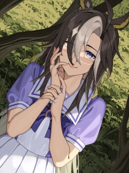 1girl animal_ears black_hair bow bowtie brown_hair closed_mouth commentary_request dream_journey_(umamusume) franham glasses grey_hair grey_streaks hair_over_one_eye highres horse_ears horse_girl horseshoe_ornament long_hair looking_at_viewer multicolored_hair purple_bow purple_bowtie purple_shirt rimless_eyewear sailor_collar sailor_shirt school_uniform shirt skirt smile solo streaked_hair tracen_school_uniform umamusume white_sailor_collar white_skirt