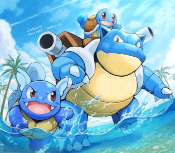 Rule 34 | absurdres, blastoise, blue sky, brown eyes, cannon, claws, closed mouth, cloud, evolutionary line, fangs, gen 1 pokemon, highres, katkichi, nintendo, no humans, open mouth, outdoors, palm tree, pokemon, pokemon (creature), pokemon focus, red eyes, shell, sky, smile, squirtle, tail, tree, turtle shell, wartortle, water, water cannon