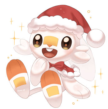 1other bow bowtie brown_eyes chibikemo commentary_request furry gen_8_pokemon hat highres iwasi_29 nintendo open_mouth other_focus pokemon pokemon_(creature) pokemon_focus rabbit red_bow red_bowtie santa_hat scorbunny simple_background sitting smile sparkle teeth upper_teeth_only white_background white_fur