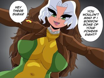 1girl breasts carliabot english_text green_eyes huge_breasts jacket marvel marvel_rivals multicolored_hair rogue_(x-men) solo speech_bubble x-men