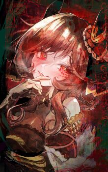 Rule 34 | 1girl, animal ears, blush, braid, braided hair rings, breasts, brown hair, commentary, corset, ear covers, ear ornament, gentildonna (regina dei fiori) (umamusume), gentildonna (umamusume), guanylunba, hair between eyes, hair ornament, hair rings, heart-shaped ornament, heart ear ornament, highres, horse ears, horse girl, large breasts, long hair, looking at viewer, red corset, red eyes, see-through cleavage, see-through clothes, smile, solo, umamusume