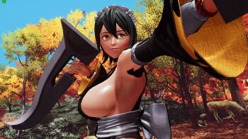 1girl 3d black_hair blue_sky breasts butterfly_swords fighting_stance forest highleg highres holding holding_weapon iroha_(samurai_spirits) large_breasts lips looking_to_the_side maid maid_headdress nature revealing_clothes ryona samurai_spirits screencap shiny_skin short_hair sideboob sky smile snk solo third-party_edit tree weapon wide_hips