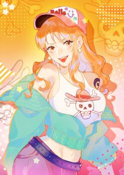 Rule 34 | 1girl, aqua cardigan, bare shoulders, baseball cap, belt, breasts, brown eyes, cardigan, commentary, earrings, hat, highres, jewelry, jolly roger, large breasts, light blush, long hair, long sleeves, looking at viewer, mei (ameirinzosan), midriff peek, nami (one piece), navel, official alternate costume, one piece, orange hair, pants, pearl earrings, print shirt, purple pants, shirt, shoulder tattoo, sidelocks, signature, solo, star (symbol), straw hats jolly roger, tank top, tattoo, tongue, tongue out, untranslatable commentary, upper body, wavy hair, white tank top
