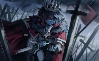 1other absurdres alternate_costume artist_name ascot battlefield black_crown blood blood_on_clothes blood_on_hands bloody_weapon blue_hair blue_skin cape cloud cloudy_sky colored_skin commentary crown crying crying_with_eyes_open day delta_rune_(symbol) deltarune english_commentary fingernails flag gradient_hair hair_over_one_eye half-closed_eye highres holding holding_knife kneeling knife kris_(dark_world)_(deltarune) kris_(deltarune) looking_down medium_hair multicolored_hair nanakaiseedling one_eye_covered other_focus outdoors parted_lips planted planted_sword planted_weapon pointed_crown rain red_cape red_eyes red_flag shirt sky solo swept_bangs sword tears torn_flag two-tone_hair utdr_(toby_fox) weapon white_ascot white_shirt