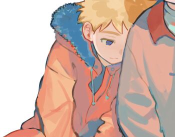 Rule 34 | 2boys, animification, blonde hair, blue eyes, brown jacket, buttons, closed mouth, collared jacket, cuf nayl, fur-trimmed hood, fur trim, half-closed eyes, hood, hooded jacket, jacket, kenny mccormick, leaning on person, long sleeves, male focus, messy hair, multiple boys, orange jacket, shirt, short hair, simple background, sitting, solo focus, south park, stan marsh, white background, white shirt