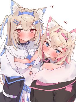 2girls ahoge animal_collar animal_ear_fluff animal_ears bandaid bandaid_hair_ornament black_collar black_jacket blonde_hair blue_eyes blue_hair blush breasts chain cleavage_cutout closed_mouth clothing_cutout coat collar colored_inner_hair commentary cropped_jacket crossed_bangs cum cum_on_body dog_ears dot_nose drawstring dress fake_horns fur-trimmed_coat fur_trim fuwawa_abyssgard fuwawa_abyssgard_(1st_costume) hair_between_eyes hair_ornament hairband hairclip headphones headphones_around_neck highres horn_hairband horns jacket long_hair looking_at_viewer looking_back medium_breasts mococo_abyssgard mococo_abyssgard_(1st_costume) multicolored_hair multiple_girls notice_lines open_clothes open_coat parallel_hairclips pink_eyes pink_hair short_hair simple_background spiked_collar spikes symbol-only_commentary tepenchi white_background white_dress