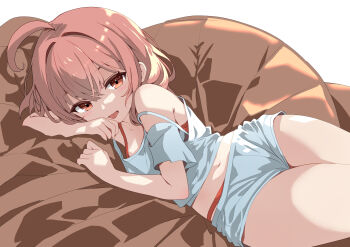 1girl ahoge bra bra_peek brown_eyes brown_hair camisole highres hogihogi3ta lying midriff_peek navel original panties panty_peek red_bra red_panties short_shorts shorts solo underwear white_camisole white_shorts