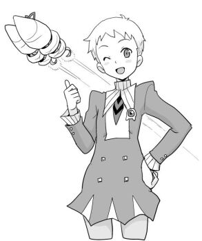 Rule 34 | 1girl, bad id, dress, drill hair, greyscale, hand on own hip, heriyama, looking at viewer, luna platz (mega man), mega man (series), mega man star force (series), monochrome, one eye closed, open mouth, short hair, simple background, smile, twin drills, white background