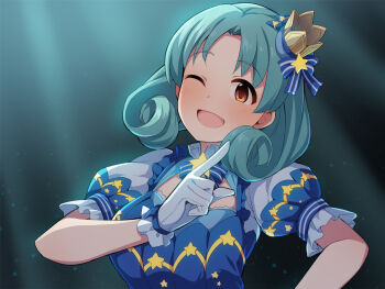 1girl ;d blue_bow blue_dress blush bow breasts brown_eyes commentary_request crown dress gloves green_hair idolmaster idolmaster_million_live! looking_at_viewer medium_breasts mini_crown one_eye_closed open_mouth parted_bangs puffy_short_sleeves puffy_sleeves revision short_sleeves smile solo star_(symbol) striped_bow tilted_headwear tokugawa_matsuri uccow upper_body white_gloves
