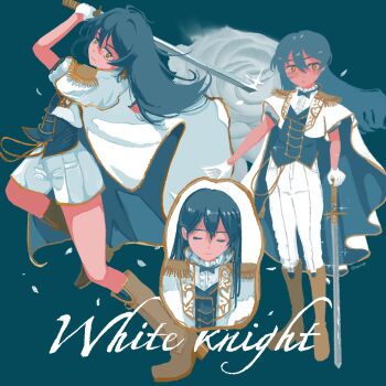 Rule 34 | 1girl, alternate costume, blue background, blue hair, blue vest, blush, boots, brown boots, buttons, cape, center frills, closed eyes, closed mouth, cropped jacket, double-breasted, epaulettes, falling petals, floating hair, flower, frilled shirt, frills, full body, gloves, hair between eyes, highres, holding, holding sword, holding weapon, knee boots, long hair, looking at viewer, love live!, love live! school idol project, multiple views, ohayo tamago, pants, petals, rose, shirt, short sleeves, shorts, sonoda umi, sparkle, standing, standing on one leg, swinging weapon, sword, vest, weapon, white cape, white flower, white gloves, white pants, white petals, white rose, white shorts, yellow eyes