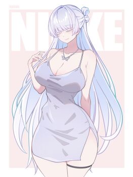 1girl absurdres alternate_costume breasts butterfly_necklace collarbone colored_eyelashes copyright_name covered_navel dress goddess_of_victory:_nikke highres jewelry large_breasts long_hair nayuta_(nikke) necklace solo thick_eyelashes white_eyelashes yoonsun