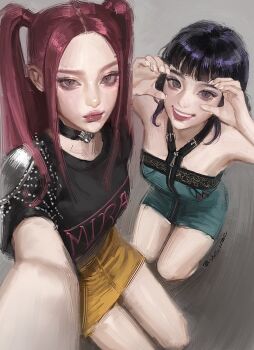 2girls aqua_dress arm_up armpits arms_up black_choker black_hair black_shirt brown_eyes choker couple double_bun dress expressionless bad_tag from_above grey_background hair_bun hair_up happy heart_hands_over_eye highres holding indoors kpop_demon_hunters leaning_forward looking_at_viewer looking_up mira_(kpop_demon_hunters) multiple_girls parted_bangs pink_lips pov red_hair seiza shirt short_bangs short_sleeves sitting skirt smile squatting teeth thick_lips thighs twintails whoisluvme yellow_skirt zoey_(kpop_demon_hunters)