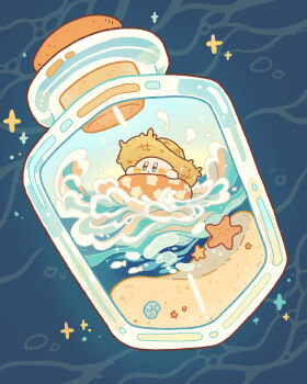 black_eyes blush_stickers bright_pupils commentary_request harukui hat highres jar kirby kirby_(series) mini_person nintendo no_humans seashell shell sparkle starfish straw_hat swim_ring swimming water waves white_pupils