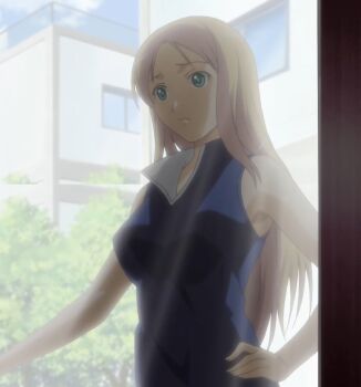 1girl blonde_hair breasts date_wingfield_reiko fault!! green_eyes hand_on_own_hip highres large_breasts long_hair sleeveless solo stitched third-party_edit