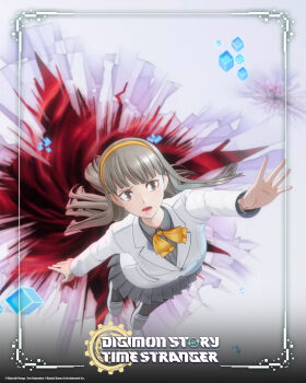 1girl 3d bandai bent_over blue_shoes breasts copyright_name digimon digimon_story:_time_stranger full_body grey_eyes grey_hair grey_sweater highres jacket logo long_hair misono_inori official_art portal_(object) shoes simple_background solo sweater title white_jacket