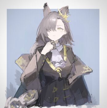 Rule 34 | 1girl, absurdres, animal ears, arknights, ascot, black jacket, blue background, border, breasts, brown hair, closed mouth, commentary request, extra ears, hair over one eye, hand up, highres, jacket, long hair, long sleeves, looking at viewer, mole, mole above eye, penance (arknights), solo, upper body, white ascot, white border, wolf ears, wolf girl, yellow eyes, yoioisss