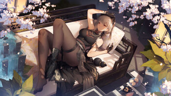 Rule 34 | 1girl, arm up, bare shoulders, black boots, black gloves, black hat, black pantyhose, black shirt, black skirt, boots, bracelet, commentary, couch, crop top, falling petals, flower, food, fountain, full body, gloves, grey hair, hat, head on pillow, high heel boots, high heels, image sample, indoors, jewelry, jiusan naitang, knees up, lantern, lying, mismatched pupils, necklace, on back, on couch, pangu terminal (wuthering waves), pantyhose, parted lips, pearl necklace, petals, pillow, pixiv sample, plate, red eyes, sanhua (wuthering waves), shirt, short hair, single boot, skirt, solo, spoon, table, tacet mark (wuthering waves), thigh strap, tree, white flower, wuthering waves