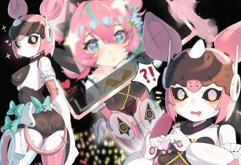 !? 1girl absurdres angels_of_delusion aojiao_bingmo_tu aqua_streaks aria_(zenless_zone_zero) blue_eyes blush bow commentary_request crossed_bangs from_behind green_bow heart heart_hands highres humanoid_robot joints looking_at_viewer mechanical_ears multicolored_hair open_mouth pink_hair purple_eyes robot robot_girl robot_joints sparkling_eyes streaked_hair sweat upper_body zenless_zone_zero