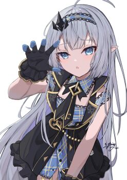 Rule 34 | 1girl, :o, absurdres, ahoge, artist name, black dress, black gloves, blue dress, blue eyes, blue hairband, coat dress, commentary request, dress, extra pupils, female tyrant (stella sora), frilled dress, frilled gloves, frills, gloves, grey hair, hair ornament, hairband, harumomiji, highres, jewelry, key, key necklace, layered dress, leaning forward, long hair, looking at viewer, necklace, open mouth, pointy ears, reaching, reaching towards viewer, signature, sleeveless, sleeveless dress, solo, standing, stella sora, tyrant (stella sora), very long hair