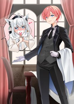 absurdres ahoge animal_ear_fluff animal_ears black_necktie black_pants blue_eyes blush braid brown_hair butler chair commentary_request crossdressing crossdressing_(ftm) curtains earrings female_butler fox_ears fox_girl gloves green_eyes hair_between_eyes heart heart-shaped_pupils heart_in_mouth highres hololive indoors jewelry long_hair looking_at_viewer nattsun_(0146_nattsun) necktie open_mouth own_hands_together pants shirakami_fubuki shirakami_fubuki_(street) shirt short_hair sidelocks single_braid speech_bubble symbol-shaped_pupils table takane_lui virtual_youtuber white_gloves white_hair white_shirt