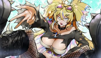 ahoge arielle_(vtuber) bare_shoulders black_nails black_shirt blonde_hair blue_eyes boots breasts candy cleavage collar commentary eyewear_on_head fishnet_pantyhose fishnets food gem_hair_ornament hair_between_eyes hair_ornament heart heart_ahoge highres huge_breasts indie_virtual_youtuber large_breasts lollipop long_hair looking_at_viewer midriff multicolored_hair navel pantyhose rainbow_hair shirt shorts sleeplessrhythm spiked_boots sunglasses symbol-only_commentary torn_clothes torn_shirt triangular_eyewear twintails virtual_youtuber x_hair_ornament