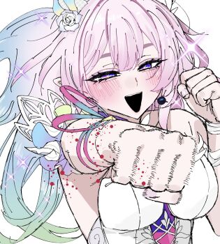 1girl alternate_form arm_ribbon bare_shoulders blue_hair blue_ribbon blush breasts carrot_011 clenched_hands commentary_request cyrene_(demiurge)_(honkai:_star_rail) cyrene_(honkai:_star_rail) dress earrings fingernails floating_hair flower gradient_hair green_hair hair_between_eyes hair_flower hair_ornament hair_ribbon half-closed_eyes hands_up heart heart-shaped_pupils highres honkai:_star_rail honkai_(series) jewelry jujutsu_kaisen long_hair looking_at_viewer mahito_(jujutsu_kaisen) medium_breasts mobius_strip multicolored_hair multicolored_ribbon off-shoulder_dress off_shoulder official_alternate_costume official_alternate_hairstyle open_mouth pink_hair pointy_ears punching purple_eyes ribbon rose scene_reference short_sleeves simple_background single_earring smile solo sparkle symbol-shaped_pupils teeth upper_body white_background white_dress white_flower white_rose yellow_ribbon