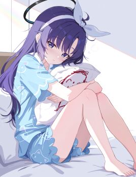 1girl absurdres animal_print barefoot black_halo blue_archive blue_eyes blue_halo blue_pajamas commentary doodle_sensei_(blue_archive) hairband halo highres holding holding_pillow hugging_object light_rays long_hair looking_at_viewer mechanical_halo official_alternate_costume on_bed pajamas pillow print_pajamas purple_hair sensei_(blue_archive) white_hairband xiongji_z_z yuuka_(blue_archive) yuuka_(pajamas)_(blue_archive)
