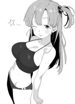 1girl breasts bulma buruma collarbone commentary_request dragon_ball dragon_ball_(classic) greyscale hair_bobbles hair_ornament henyaan_(oreizm) highres large_breasts looking_at_viewer monochrome navel one_eye_closed one_side_up simple_background solo sports_bra star_(symbol) sweat white_background