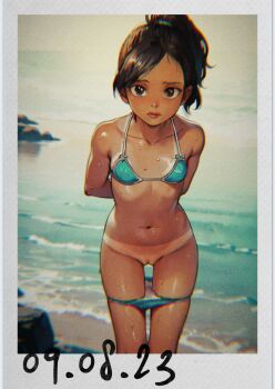 1girl aqua_bikini arms_behind_back beach bikini bikini_bottom_pull black_hair breasts cleft_of_venus collarbone commentary dated dated_commentary english_commentary feet_out_of_frame female_focus groin higashiyama_shou highres loli looking_at_viewer navel original outdoors parted_lips photo_(object) ponytail pussy small_breasts solo standing stomach swept_bangs swimsuit tan tanline uncensored