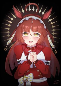 1girl absurdres ahoge animal_ears blunt_bangs breasts commentary_request hair_flaps highres horse_ears horse_girl mogi_(xw0_mogi_) open_mouth own_hands_together portrait red_desire_(umamusume) red_hair ribbon signature simple_background small_breasts solo umamusume yellow_eyes