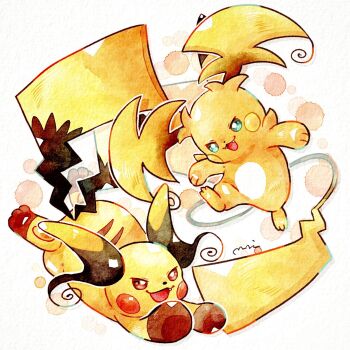 Rule 34 | absurdly long tail, blue eyes, fang, fangs, full body, gen 1 pokemon, highres, mega pokemon, mega raichu x, mega raichu y, miketoevecan, multiple tails, nintendo, no humans, open mouth, orange fur, pokemon, pokemon (creature), pokemon focus, raichu, red eyes, smile, tail, very long ears, yellow fur