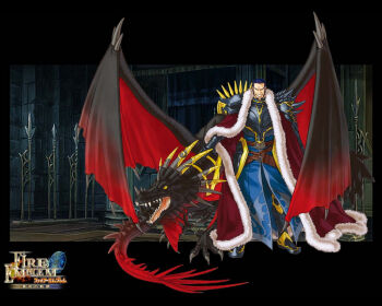 1boy armor armored_boots armored_dress ashnard_(fire_emblem) belt black_dragon black_eyes blue_hair boots cape claws copyright_name dragon dragon_wings dress evil_grin evil_smile fangs fire_emblem fire_emblem:_path_of_radiance fur gauntlets grin horns king kita_senri laguz_(fire_emblem) male_focus naughty_face nintendo official_art rajaion_(fire_emblem) robe short_hair smile solo spikes tail wings yellow_eyes