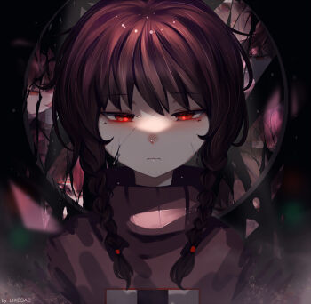 1girl artist_name black_background blurry blurry_foreground braid bright_pupils brown_hair closed_mouth commentary cracked_skin cross-eyed english_commentary expressionless glowing_pupils hair_tie half-closed_eyes highres light_frown light_particles likesac long_hair looking_at_viewer low_twin_braids madotsuki pink_sweater portrait red_eyes simple_background solo straight-on sweater triangle turtleneck turtleneck_sweater twin_braids yume_nikki