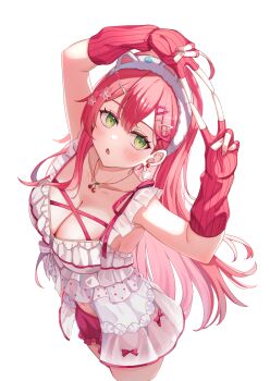 Rule 34 | 1girl, ahoge, animal ear hairband, animal ears, arms up, babydoll, breasts, cat ear hairband, cat earrings, cat ears, cleavage, commentary request, double-parted bangs, double v, earrings, fake animal ears, frilled babydoll, frilled shorts, frills, front slit, green eyes, hair between eyes, hair ornament, hairband, hairclip, highres, hololive, jewelry, large breasts, long hair, looking at viewer, loose gloves, miakiuehashi, navel, necklace, official alternate costume, open mouth, pink hair, polka dot babydoll, red shorts, sakura miko, sakura miko (loungewear), shorts, simple background, single sidelock, solo, v, virtual youtuber, white babydoll, white background