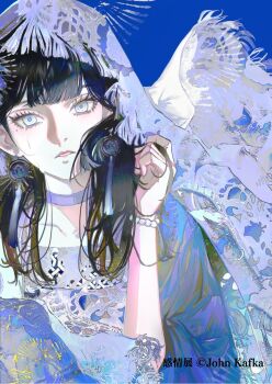 1girl bead_bracelet beads black_hair bracelet choker commentary_request crying crying_with_eyes_open dress earrings highres jewelry john_kafka long_hair mole mole_under_eye original parted_lips second-party_source solo tears upper_body veil white_choker white_dress white_eyes white_veil