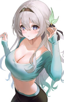 1girl absurdres alternate_costume aqua_nails aqua_shirt black_hairband breasts cleavage crop_top firefly_(honkai:_star_rail) grey_hair hairband highres honkai:_star_rail honkai_(series) long_hair long_sleeves looking_at_viewer midriff nail_polish navel purple_eyes ryu_o shirt simple_background solo stomach upper_body very_long_hair white_background