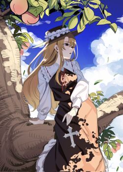 1girl blonde_hair breasts brown_hat brown_skirt brown_vest cloud cloudy_sky commentary_request cross day dolls_in_pseudo_paradise fedora food frilled_hat frilled_shirt_collar frilled_skirt frills fruit guumin hat highres in_tree jacket_girl_(dipp) long_hair long_sleeves neck_ribbon outdoors parted_lips peach peach_tree red_eyes red_ribbon ribbon shirt sitting sitting_in_tree sitting_on_branch skirt sky small_breasts solo touhou tree unfinished very_long_hair vest white_shirt