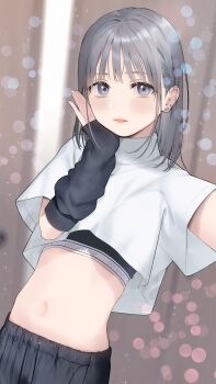 1girl absurdres arm_warmers blurry blush crop_top depth_of_field ear_piercing earrings fuzuki_fuuro grey_eyes grey_hair highres indoors jewelry looking_at_viewer medium_hair midriff navel non-web_source original pants parted_lips piercing selfie short_sleeves solo stud_earrings tachibana_kanna upper_body