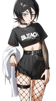 1girl absurdres artist_name belt black_hair black_nails black_tank_top bleach blush bracelet choker eyebrow_cut fishnet_pantyhose fishnets highres jacket jewelry kuchiki_rukia midriff necklace pantyhose purple_eyes shirt short_hair skirt spiked_bracelet spiked_choker spikes tank_top thigh_strap thighs tied_shirt waligner