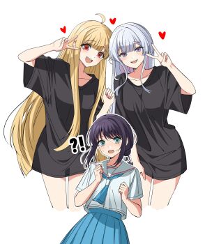 Rule 34 | !?, 3girls, ahoge, black shirt, blonde hair, blue eyes, blue neckerchief, blue skirt, blunt bangs, blunt ends, blush, breasts, cho kaguya-hime!, clenched hand, clenched hands, collarbone, commentary request, cowboy shot, cropped legs, cropped shirt, green eyes, hair bun, hand up, hands up, heart, highres, kaguya (cho kaguya-hime!), korean commentary, long hair, long sidelocks, medium breasts, multiple girls, neckerchief, no pants, open mouth, pleated skirt, purple hair, raised inner eyebrows, red eyes, runami yachiyo, sailor collar, sakayori iroha, school uniform, seungkkae, shirt, short sleeves, sidelocks, simple background, single hair bun, skirt, smile, straight hair, sweatdrop, teeth, upper teeth only, v, very long hair, white background, white hair, white sailor collar, white shirt, wide sleeves, yuri