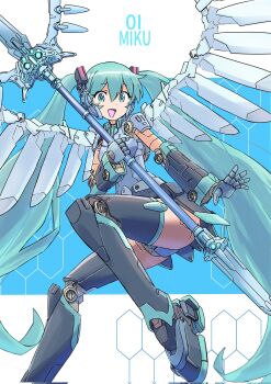 1girl aqua_eyes aqua_hair black_skirt commentary hatsune_miku highres holding holding_polearm holding_weapon joints long_hair looking_at_viewer mechanical_arms mechanical_legs mechanical_skirt mechanical_wings open_mouth polearm robot_girl robot_joints skirt solo trident tsune_(dreamers_express) twintails very_long_hair vocaloid weapon wings