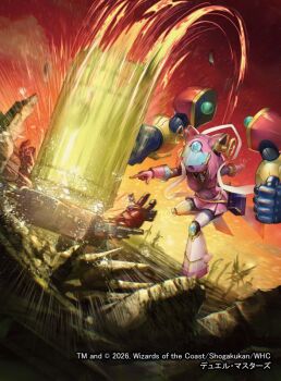 Rule 34 | 1girl, 1other, 2026, assault visor, attack trail, commentary request, copyright notice, covered navel, destruction, duel masters, extra arms, fanny pack, hagoromo, hammer, holding, holding hammer, miroku (duel masters), momose hisashi, official art, open mouth, pointing, pointing at another, robot girl, shawl