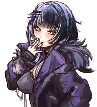 1girl arm_warmers black_arm_warmers black_coat black_dress black_hair black_nails blush breasts closed_mouth coat dress from_side fur-trimmed_coat fur_trim grey_hair hair_ornament hand_to_own_mouth hashtag-only_commentary highres hololive hololive_english jewelry large_breasts long_hair long_sleeves looking_at_viewer multicolored_hair multiple_rings nail_polish penguin_stamp ring shiori_novella shiori_novella_(1st_costume) simple_background smile solo split-color_hair striped_arm_warmers transparent_background turning_head two-tone_hair upper_body virtual_youtuber yellow_eyes